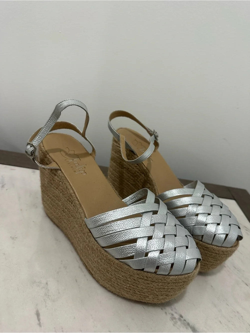 Metallic Silver Woven Espadrille Platform Wedge Sandals